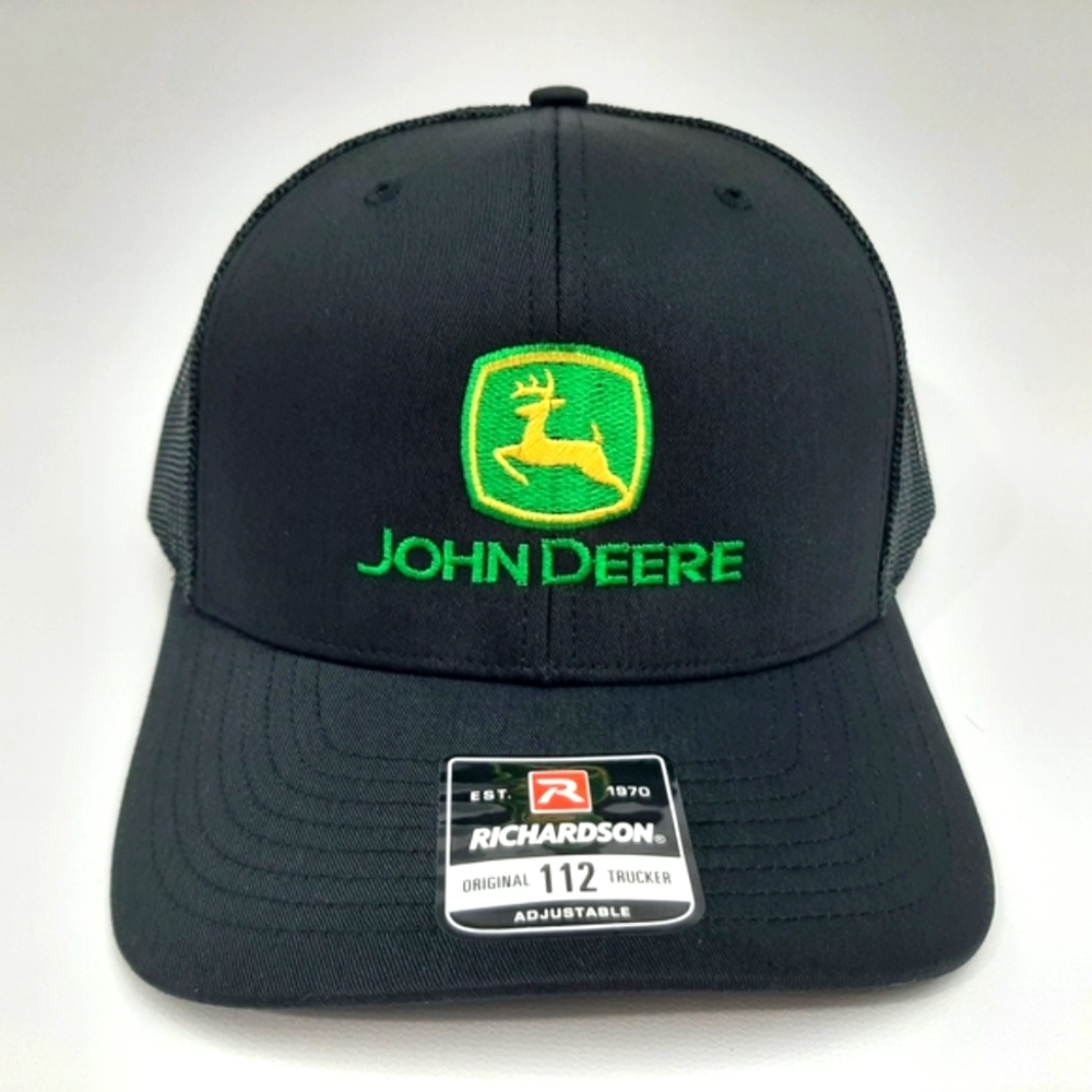 John Deere Richardson 112 Trucker Mesh Snapback Cap Hat Black Embroidered